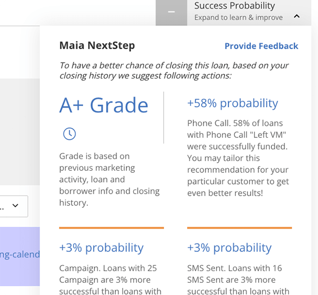 The MAIA NextStep panel grading a loan and listing recommended actions