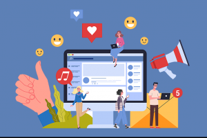 marketing crm on a big computer screen with people looking at heart and smiley face emojis