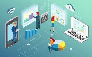 analytics Businessman use data analytics on cloud computing analysing business growth and profit from graph charts. Idea for smart network connection technology develop business success. Isometric view.