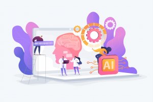 Artificial Intelligence Brain with neural network on laptop and scientists, tiny people. Artificial intelligence,machine learning, data science and cognitive computing concept. Vector isolated concept creative illustration.