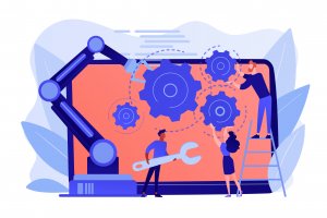 top tech tools Humans and cobot robotic arm collaborate at laptop fixing gears. Collaborative robotics, cobot automatization, safe industry solutions concept. Pinkish coral bluevector isolated illustration