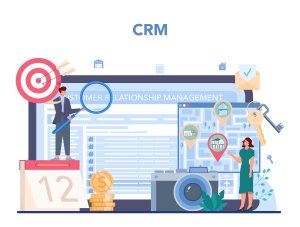 relationship management (CRM) softwarecomputer screen animation with different CRM functions