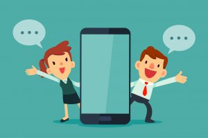 businessman and businesswomen talking beside smart phone with blank screen