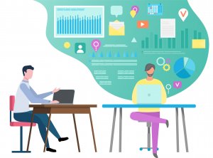 digital marketing workers using laptop, people discussing work. Message and graph, location and diagram icons on blue, employees on workplace with computer vector