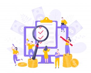 leveraging digital marketing Online survey form or exam application on the monitor screen, claim form, clipboard and tiny people working together. Internet questionnair, online education quiz vector illustration concept metaphor.