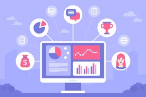 how a mortgage crm helps business concept design. Flat icons of accounting system, clients, support, deal. Organization of data on work with clients, Customer Relationship Management. Vector elements.