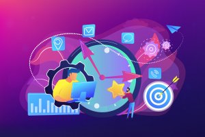 crm solution Businessman trying to accomplish tasks and goals on time and big clock and computer. Time management, effective time spending, time planning concept. Bright vibrant violet vector isolated illustration