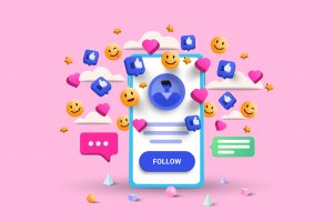 organic Social media platform, online social communication applications concept, emoji, hearts, chat and chart with smartphone background. 3d Vector illustration