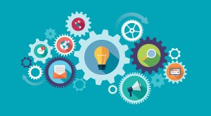 digital marketing tools blue with multi colored various marketing images illustration