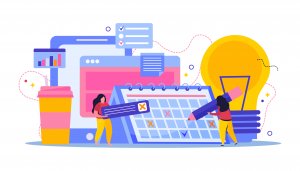 Planning and scheduling flat composition with people making cross marks in calendar computer windows and lamp with a content calendar vector illustration