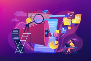 two people with a screen and a megaphone using mortgage crm tools