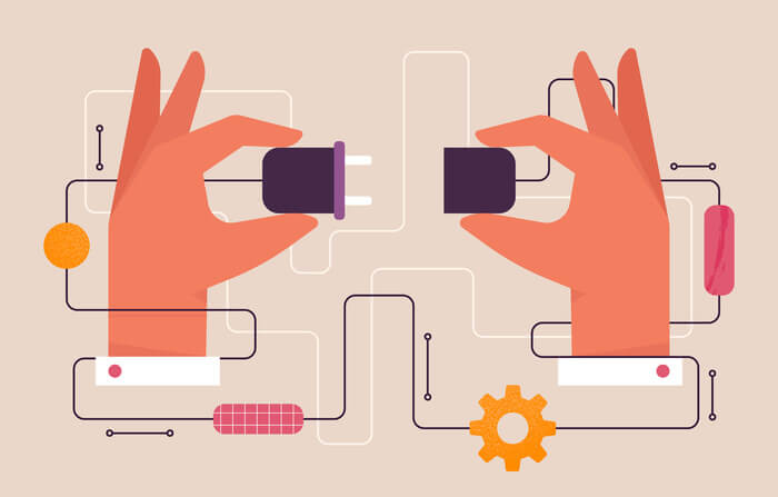 Two hands connecting an electric plug and a power socket together. Integration, connection, collaboration concept. Electrical circuit, wiring. Isolated flat vector illustration