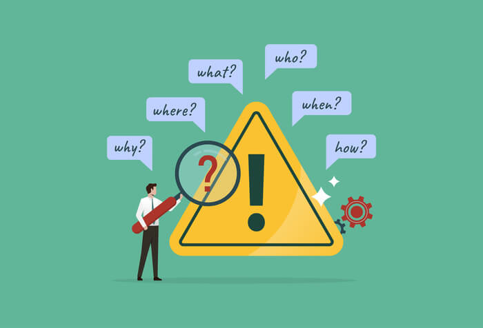 Problem identification, root cause analysis and solving problem, businessman with magnifier and investigate incident with exclamation mark