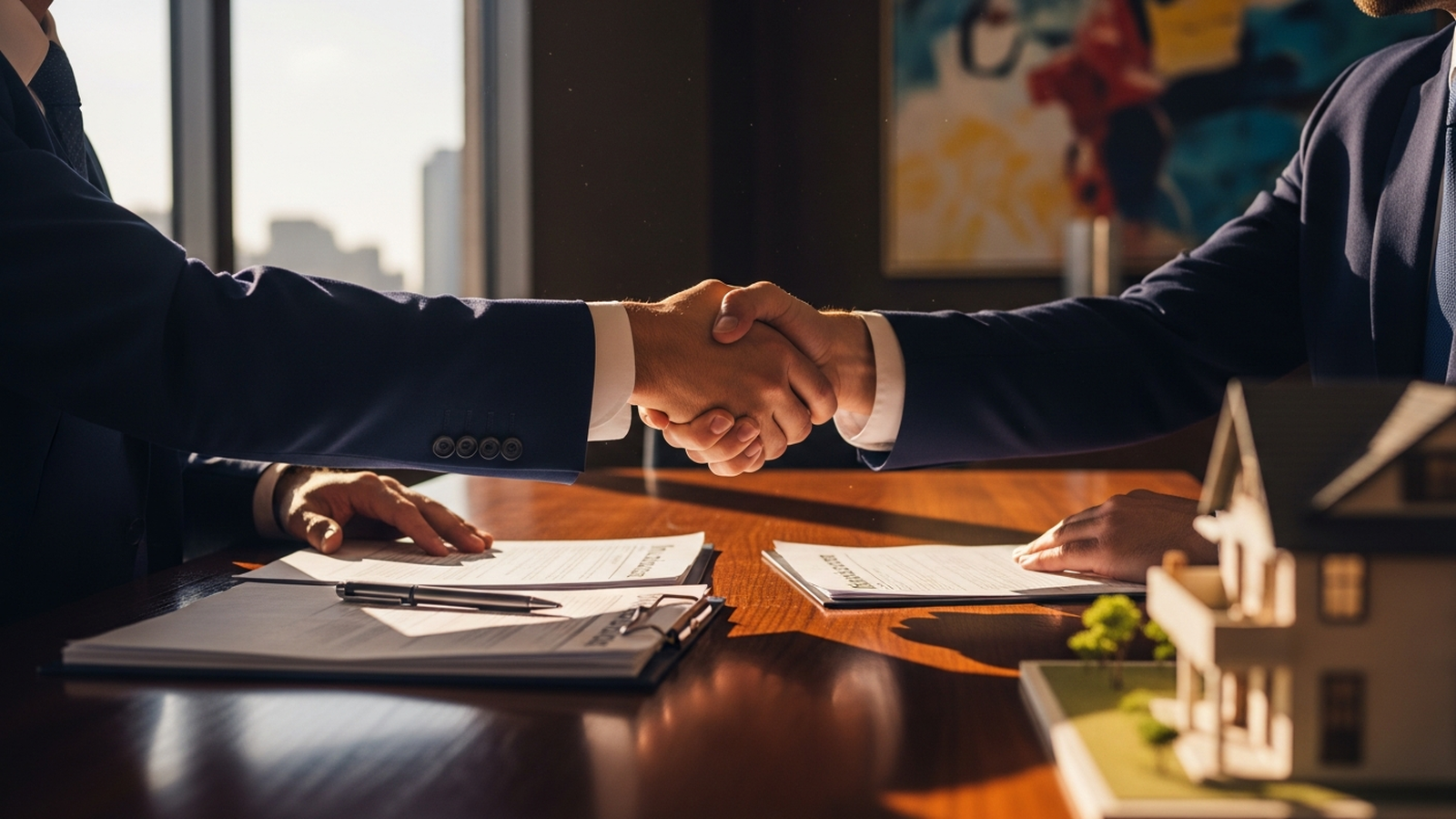 Mortgage loan officer and real estate agent shaking hands across a desk