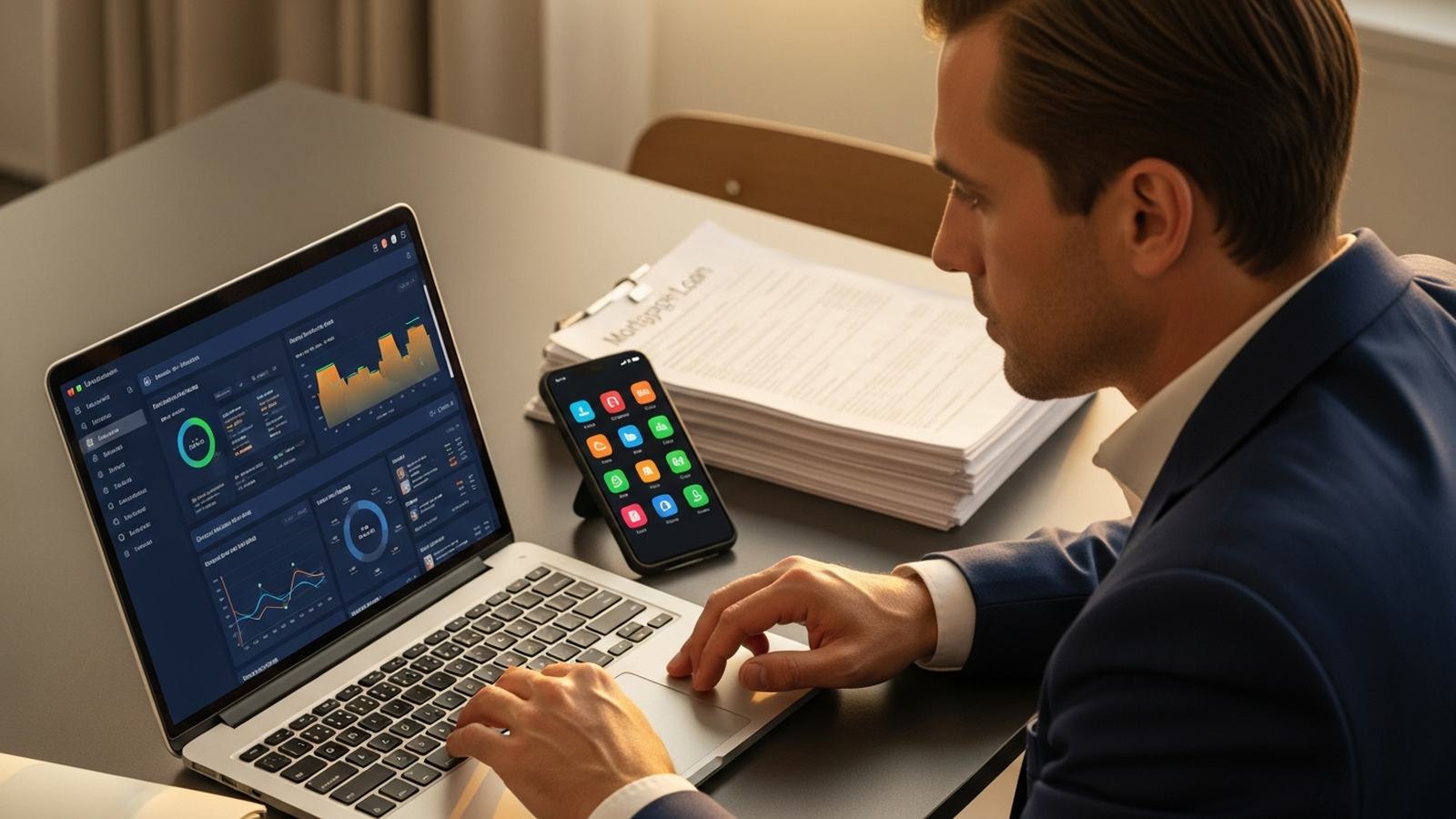Mortgage loan officer reviewing social media ad performance for lead generation