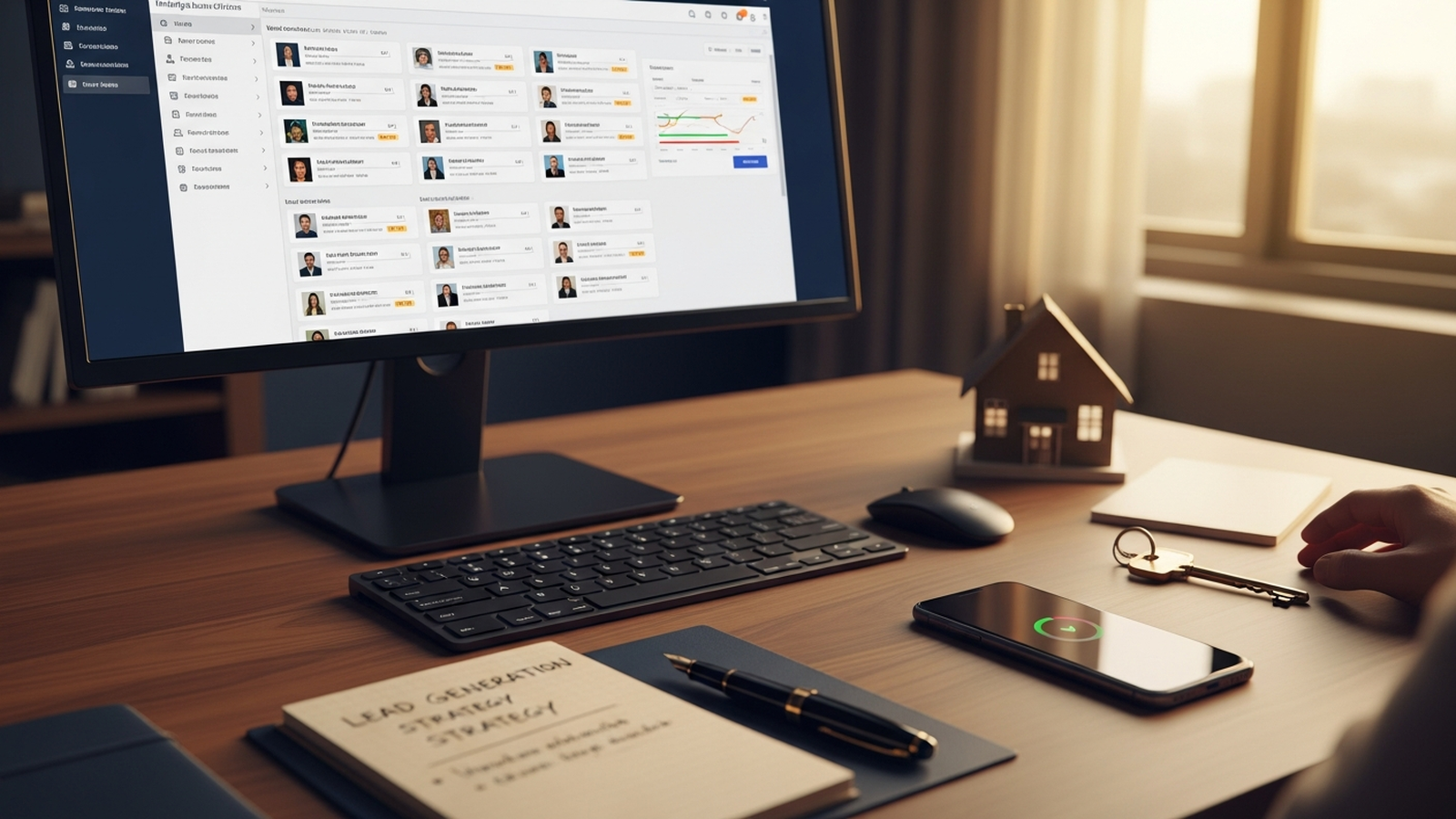 Mortgage loan officer at desk with multi-channel lead pipeline dashboard