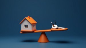 A house and keys balanced on a scale representing fair and equal mortgage lending