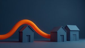 Orange refinance wave flowing over a row of houses as mortgage rates fall