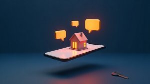 Smartphone showing compliant mortgage text messages with a house and keys