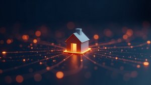 A house connected to a glowing AI data network representing AI in the mortgage process