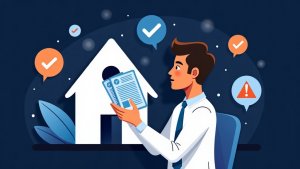 Text-free editorial illustration of a loan officer evaluating AI mortgage CRM evidence, human review, risk, and accountability questions.