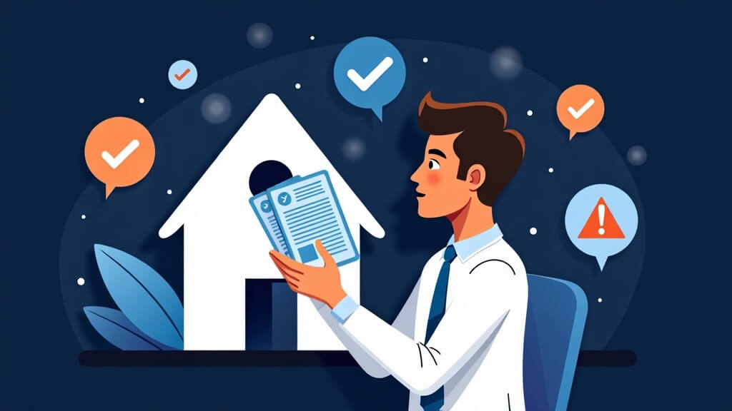 Text-free editorial illustration of a loan officer evaluating AI mortgage CRM evidence, human review, risk, and accountability questions.