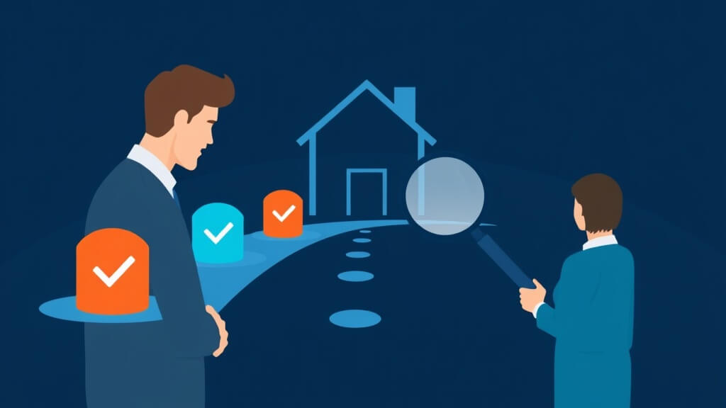 Text-free editorial illustration of a loan officer reviewing a mortgage pipeline with clear quality checkpoints