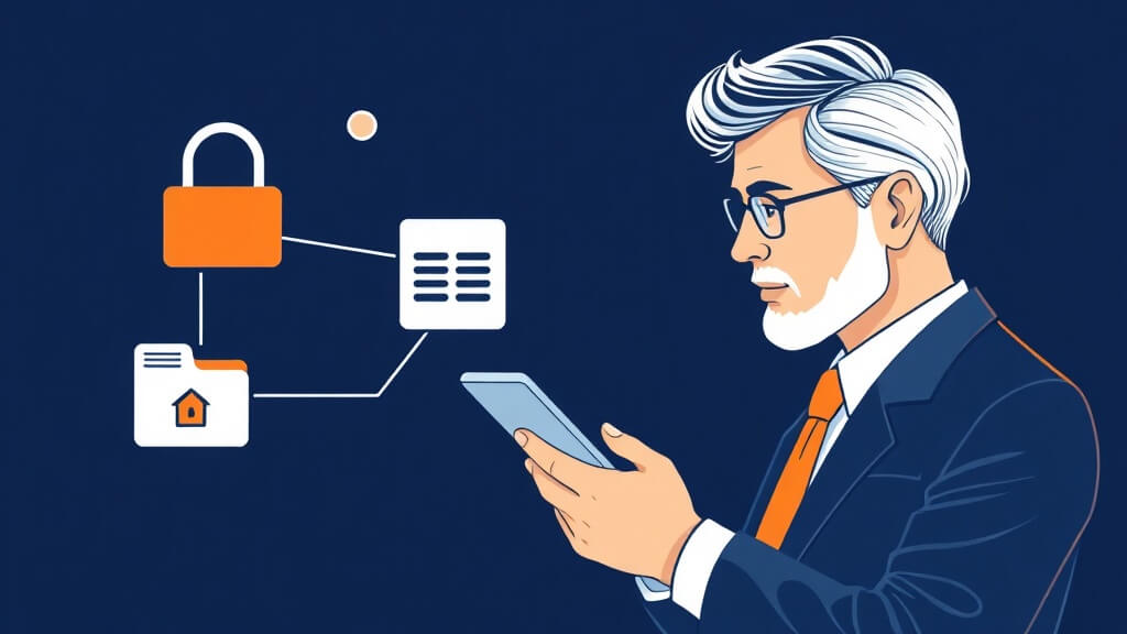Editorial illustration of a loan officer organizing mortgage CRM data ownership using abstract connected records