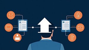 Text-free editorial illustration of a loan officer testing connected mortgage systems with record, event, exception, and verification checkpoints.