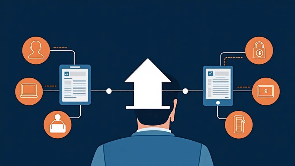 Text-free editorial illustration of a loan officer testing connected mortgage systems with record, event, exception, and verification checkpoints.