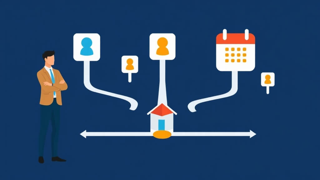 Text-free editorial illustration of a loan officer directing mortgage leads through clear ownership paths