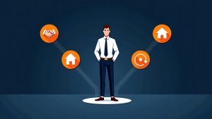 Text-free editorial illustration of a loan officer comparing mortgage lead-source workflows for referral, consumer-direct, past-client, and purchased leads.