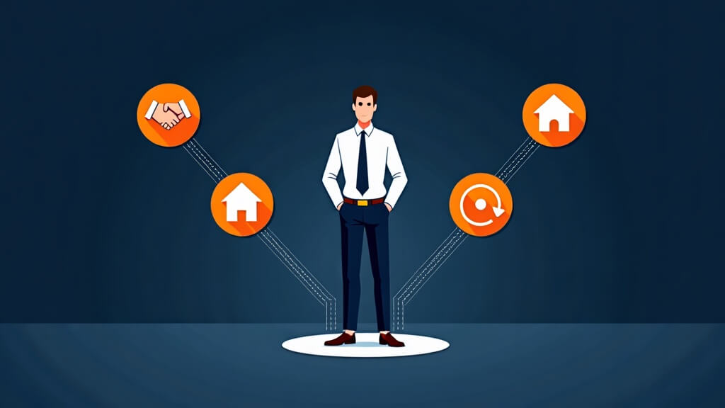 Text-free editorial illustration of a loan officer comparing mortgage lead-source workflows for referral, consumer-direct, past-client, and purchased leads.