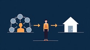 Text-free editorial illustration showing a loan officer using separate but connected mortgage CRM relationship and loan origination system workflows.