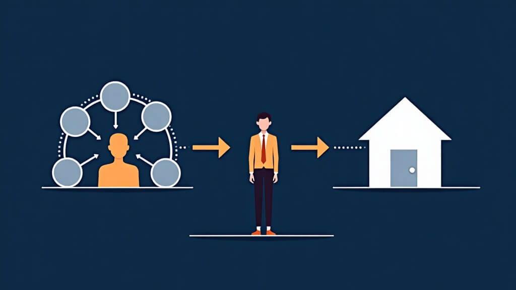Text-free editorial illustration showing a loan officer using separate but connected mortgage CRM relationship and loan origination system workflows.