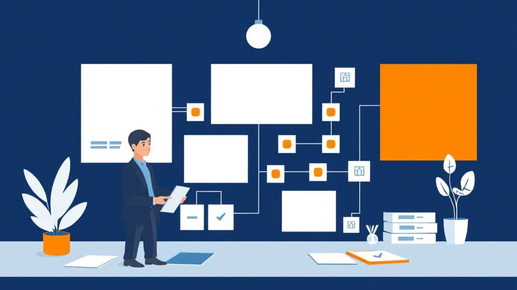 Editorial illustration of a loan officer organizing a mortgage CRM workflow with abstract connected process elements