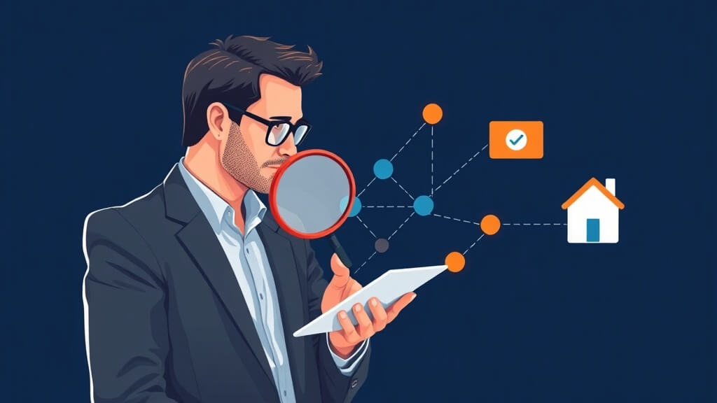 Text-free editorial illustration of a loan officer verifying mortgage CRM workflow paths with quality checkpoints