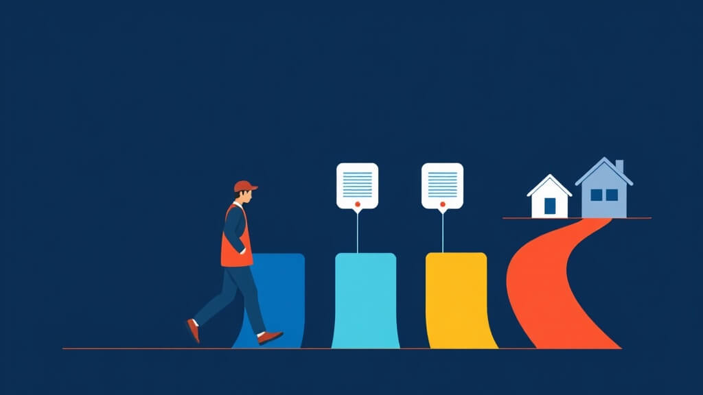 Editorial illustration of a loan officer moving through mortgage workflow milestones using abstract path markers
