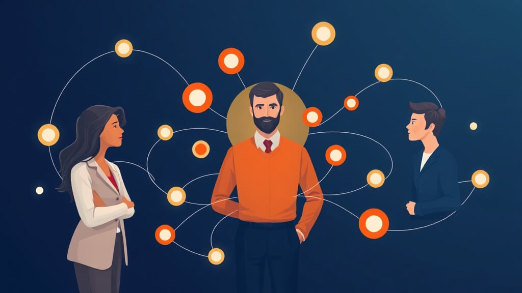 Editorial illustration of a loan officer mapping mortgage referral relationships with abstract connection paths