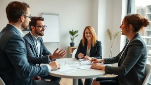 Mortgage loan officer and referral partners reviewing a relationship workflow together