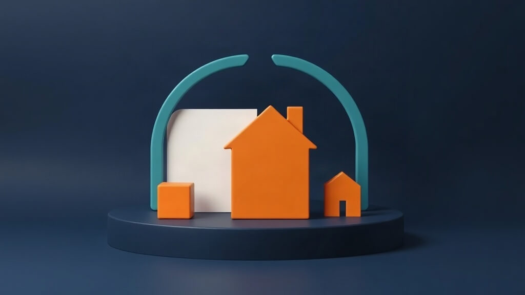 Abstract editorial illustration of an AI-integrated mortgage CRM evidence review with navy, teal, white, and orange geometric objects