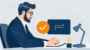 Text-free editorial illustration of a mortgage broker reviewing an AI-assisted workflow