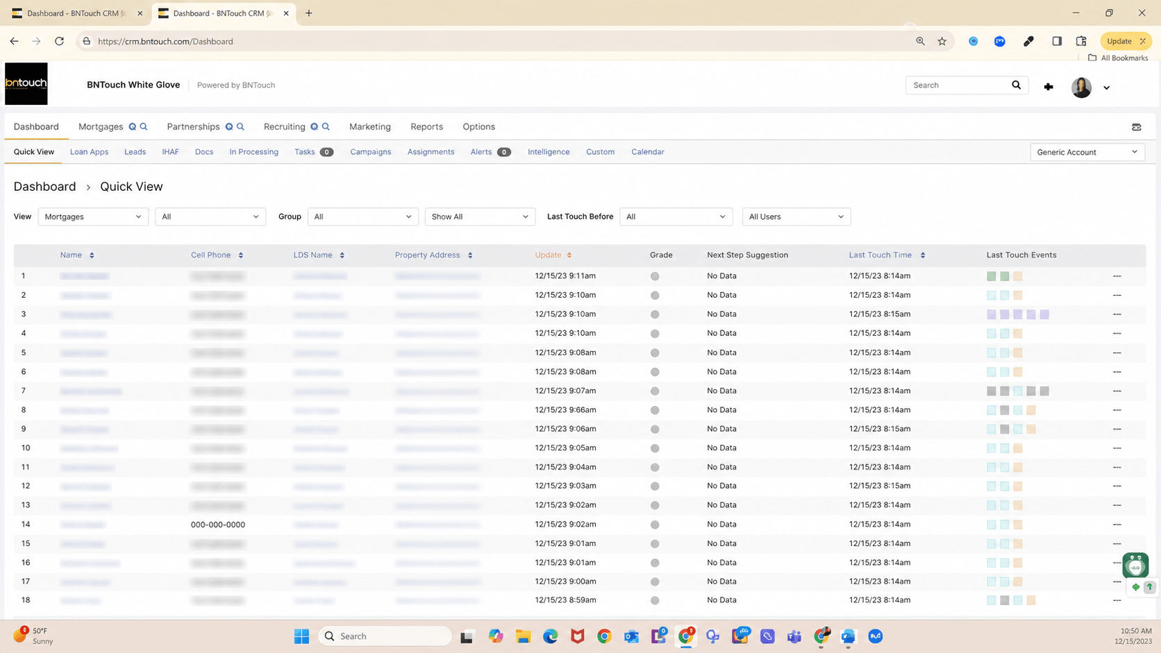 Redacted BNTouch daily dashboard interface from a cited public workflow video