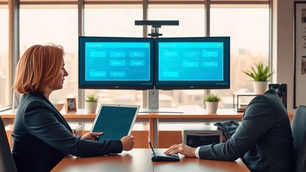 Loan officer comparing a generic CRM workflow with a mortgage-specific workflow at a desktop workstation