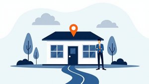 Text-free editorial illustration of loan officer maintaining an accurate local business profile beside a trustworthy mortgage website.
