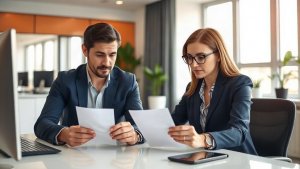 Mortgage loan officer reviewing lead-report questions with a colleague in a bright office