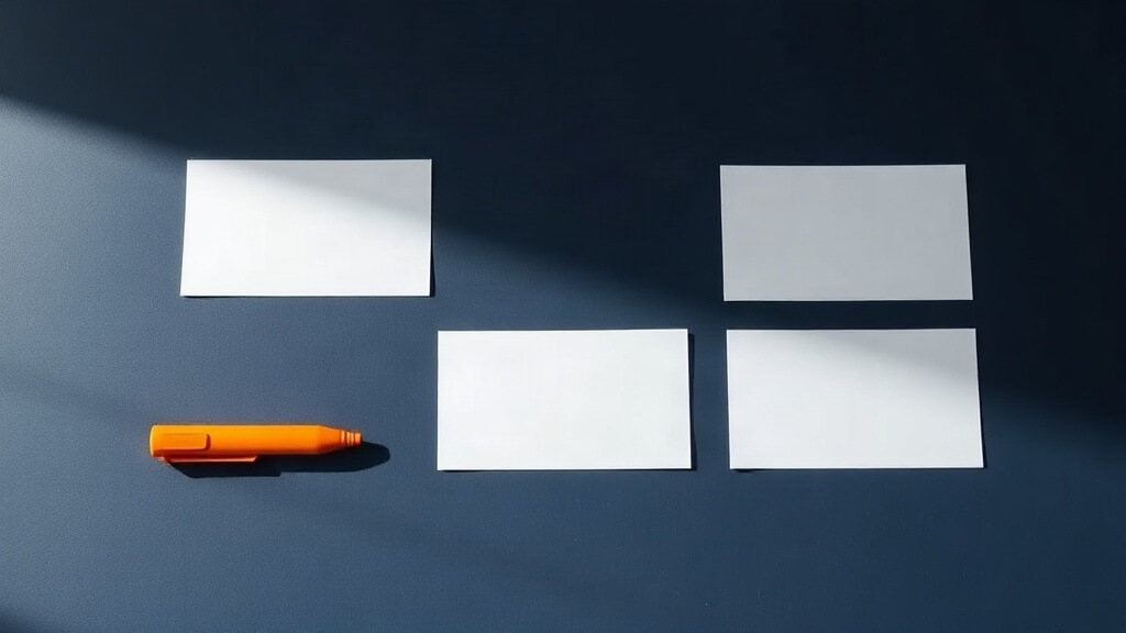 Text-free editorial still life of a loan officer marketing workflow review with blank audience and action cards