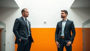 Mortgage loan officer and colleague reviewing marketing priorities in a bright modern office