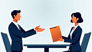 Text-free editorial illustration of loan officer and processor completing a structured mortgage handoff with clear relationship context.