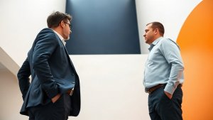 Mortgage loan officer planning a focused workday with a colleague in a bright modern office
